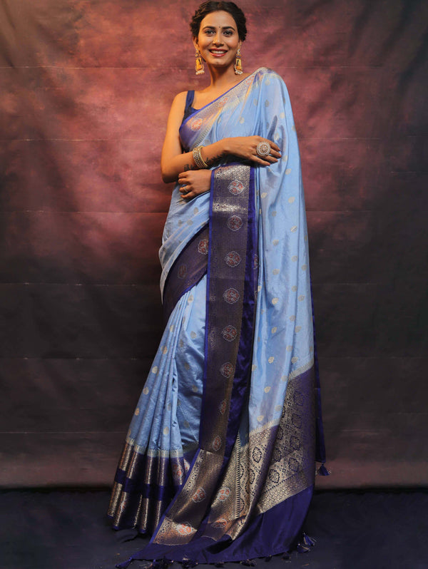 Banarasee Semi Silk Zari Buti Saree With Contrast Border-Blue