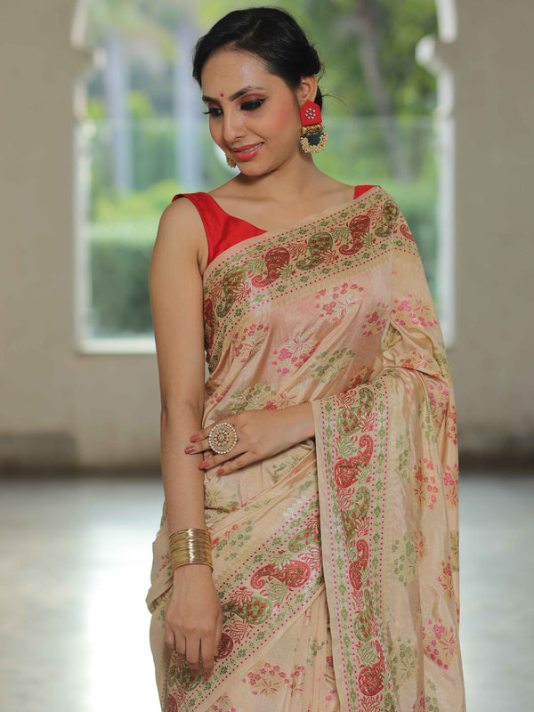 Banarasee Semi-Dupion Silk Saree With Meena & Zari Work-Beige