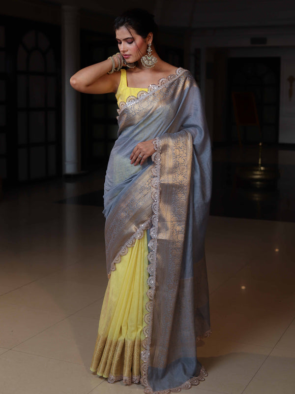 Banarasee Dual Color Pure Linen Saree With Zari Border & Lace-Grey & Lemon Yellow