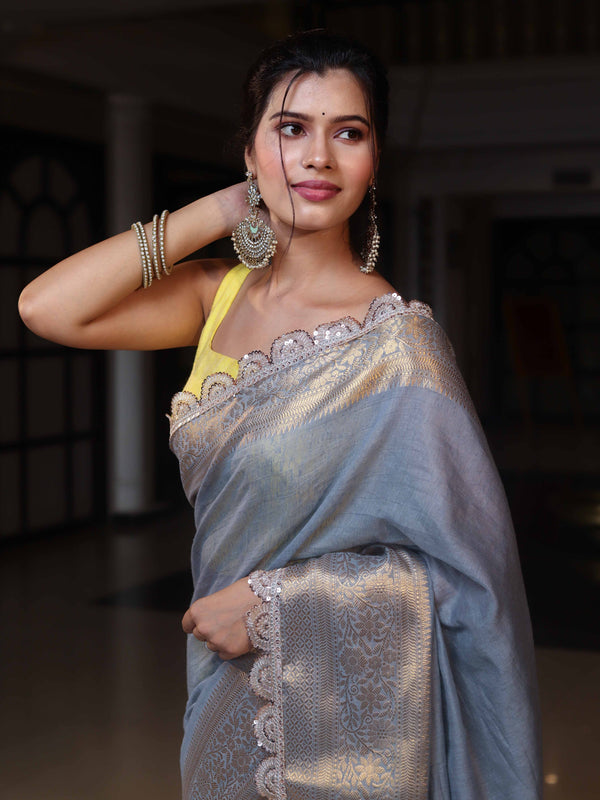 Banarasee Dual Color Pure Linen Saree With Zari Border & Lace-Grey & Lemon Yellow