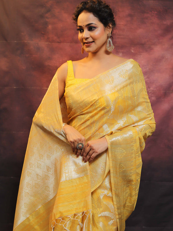 Banarasee Handloom Linen Silk Mix Zari Work Saree-Yellow