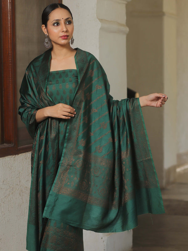 Banarasee Semi Katan Silk Salwar Kameez Fabric With Dupatta Resham Zari Work-Green