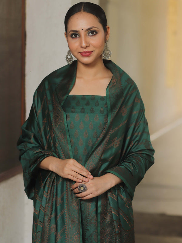 Banarasee Semi Katan Silk Salwar Kameez Fabric With Dupatta Resham Zari Work-Green