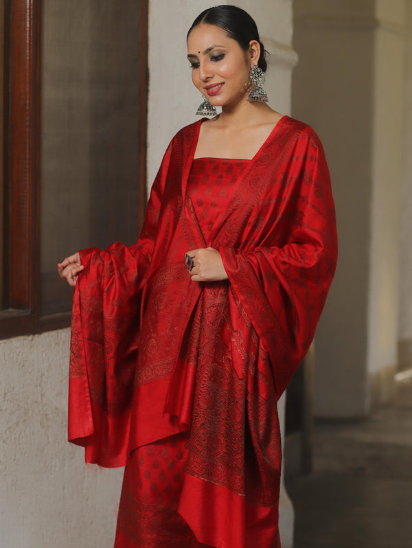 Banarasee Semi Katan Silk Salwar Kameez Fabric With Dupatta Resham Zari Work-Red