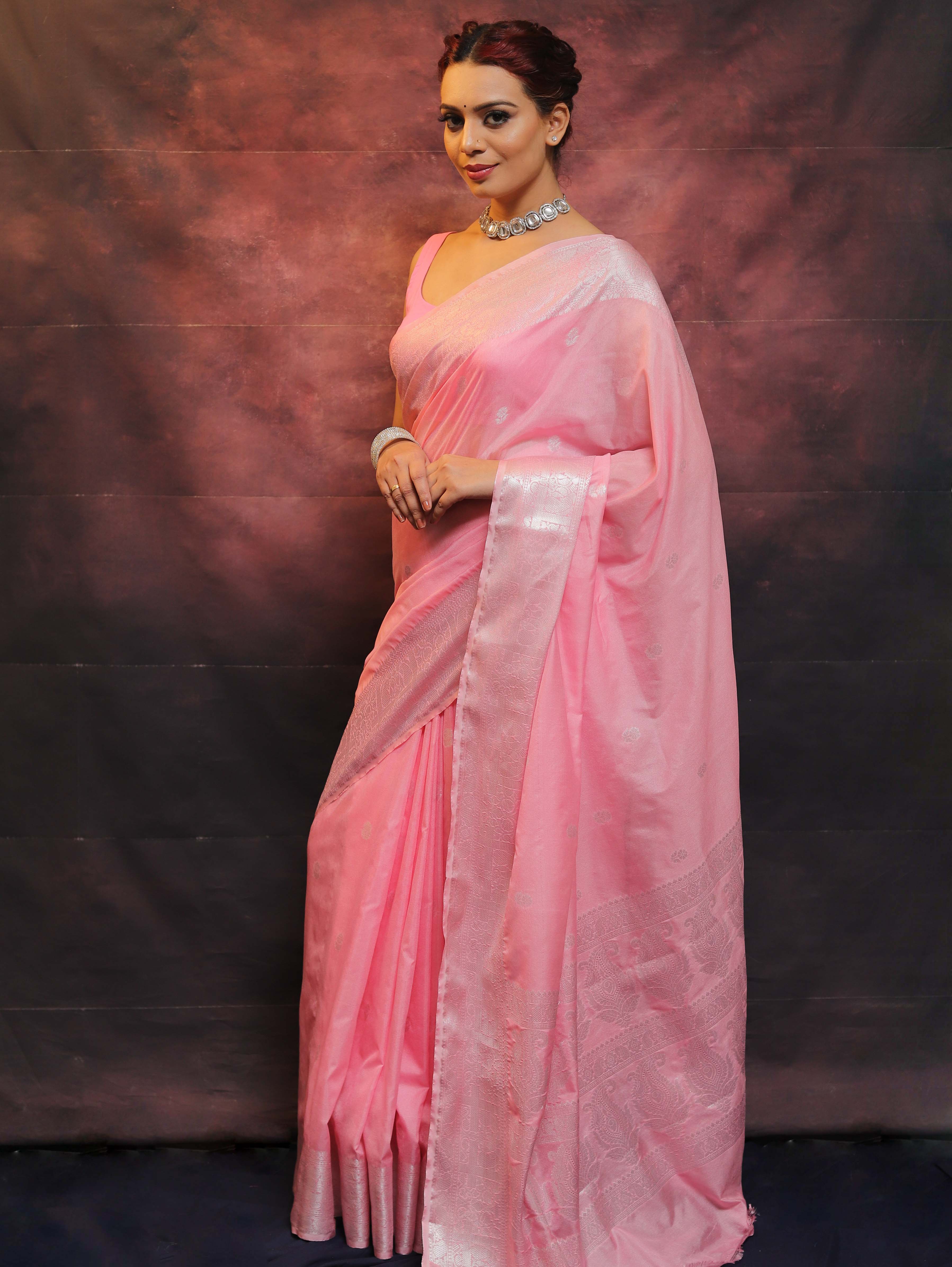 Banarasee Handwoven Semi-Chiffon Saree With Silver Zari Buta & Border-Baby Pink