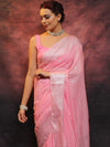 Banarasee Handwoven Semi-Chiffon Saree With Silver Zari Buta & Border-Baby Pink
