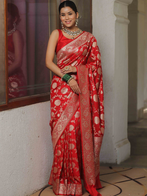 Banarasee Semi-Katan Zari Jaal Saree-Red