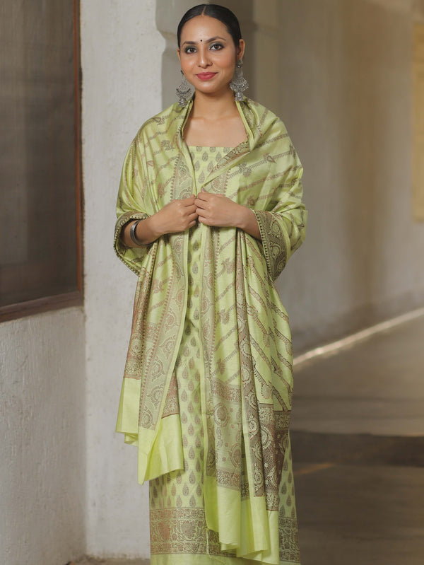 Banarasee Semi Katan Silk Salwar Kameez Fabric With Dupatta Resham Zari Work-Pastel Yellow