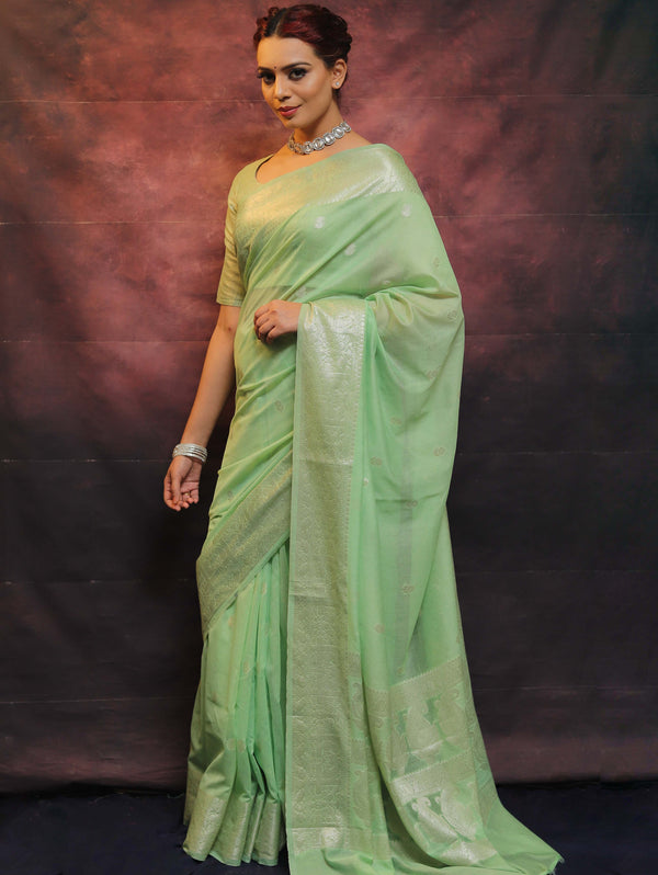 Banarasee Handwoven Semi-Chiffon Saree With Silver Zari Buta & Border-Green