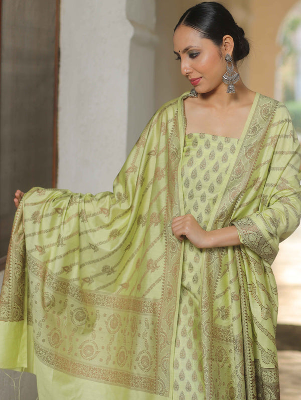 Banarasee Semi Katan Silk Salwar Kameez Fabric With Dupatta Resham Zari Work-Pastel Yellow