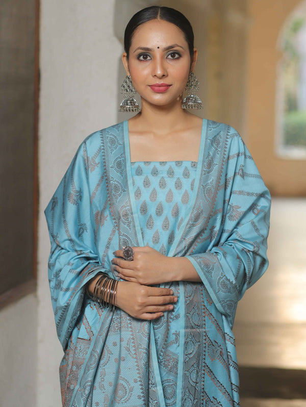Banarasee Semi Katan Silk Salwar Kameez Fabric With Dupatta Resham Zari Work-Blue