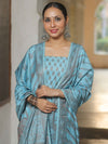 Banarasee Semi Katan Silk Salwar Kameez Fabric With Dupatta Resham Zari Work-Blue