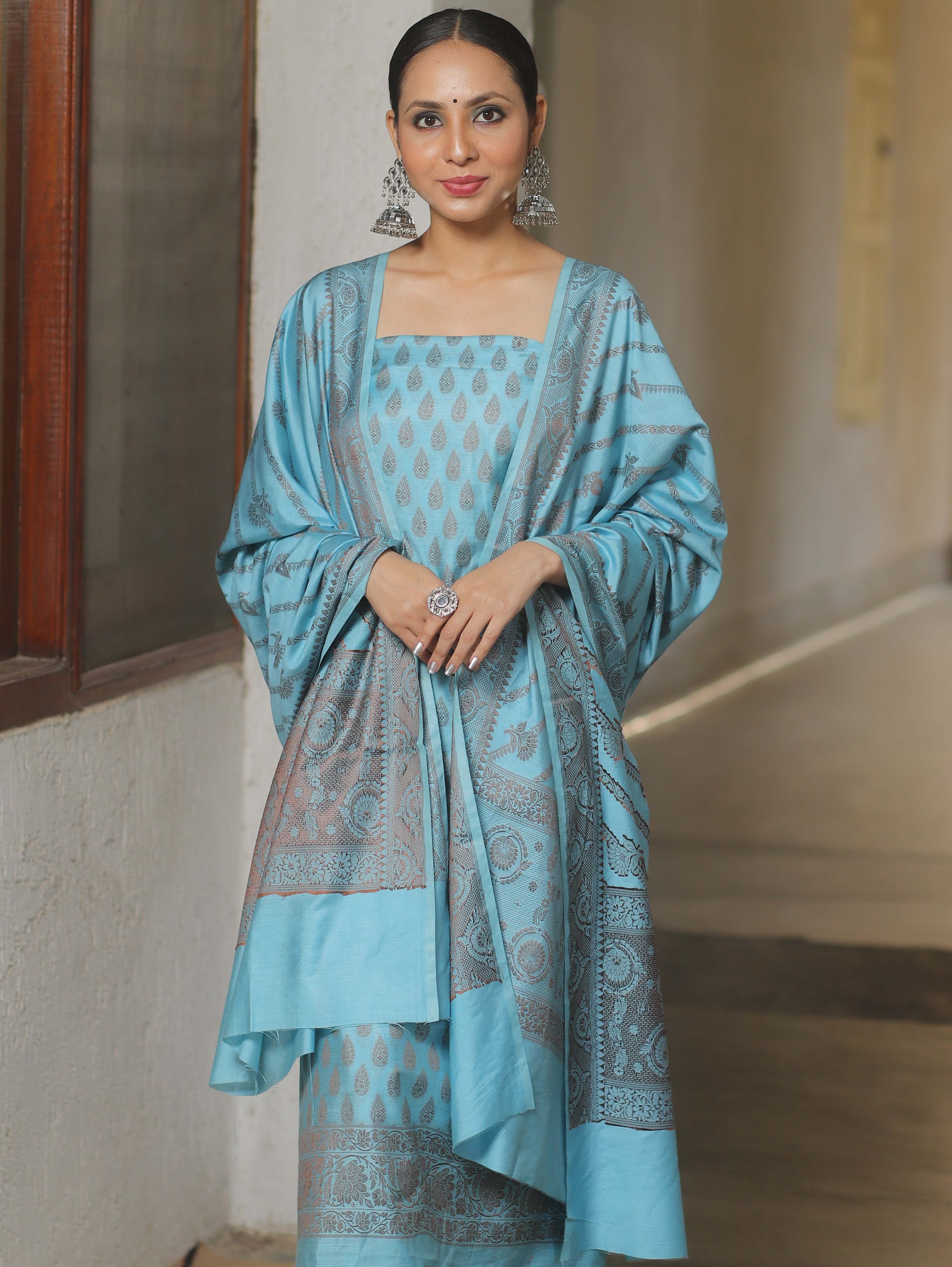 Banarasee Semi Katan Silk Salwar Kameez Fabric With Dupatta Resham Zari Work-Blue