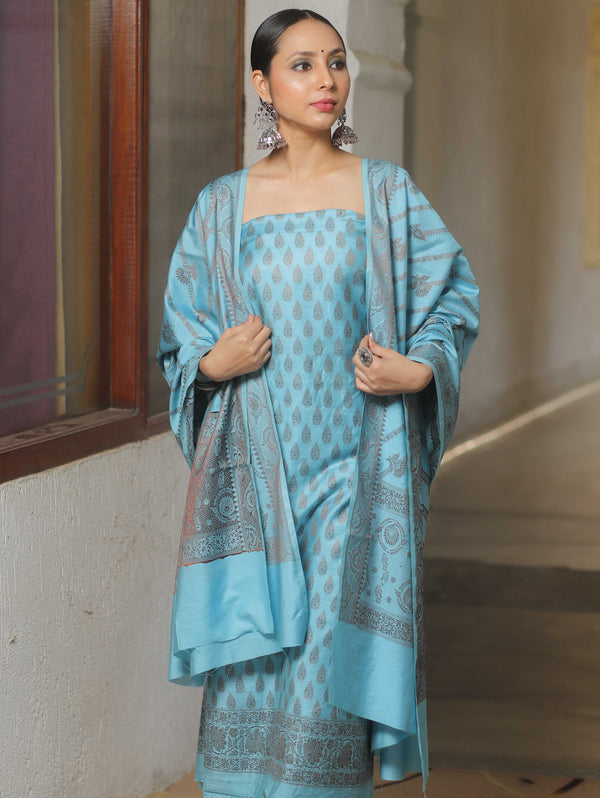 Banarasee Semi Katan Silk Salwar Kameez Fabric With Dupatta Resham Zari Work-Blue
