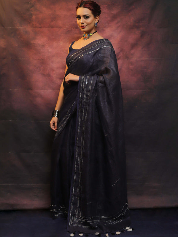 Banarasee Handloom Pure Linen Sequins Work Saree-Blue