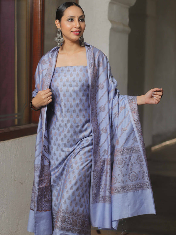 Banarasee Semi Katan Silk Salwar Kameez Fabric With Dupatta Resham Zari Work-Lilac