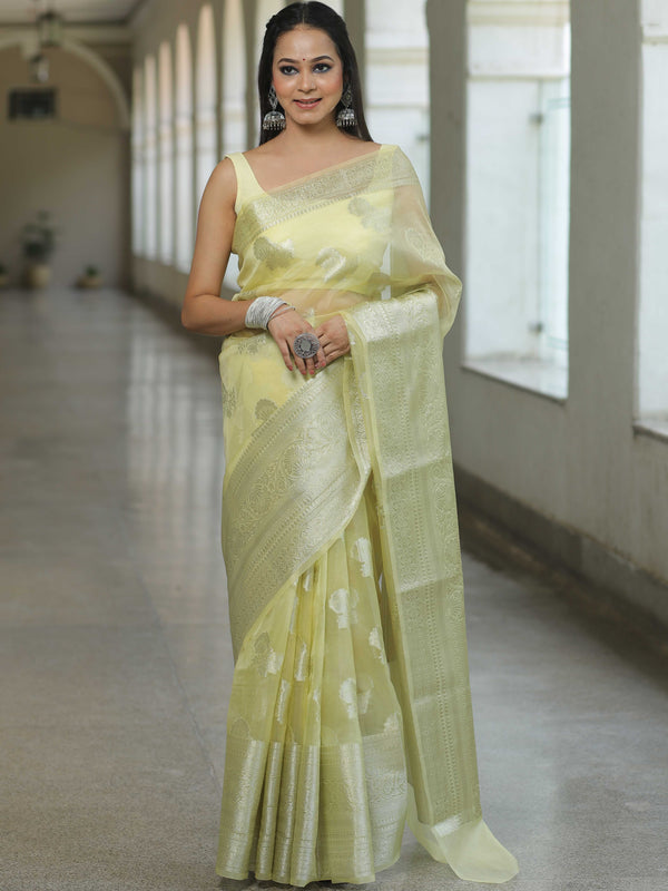 Banarasee Organza Mix Saree With Silver Zari-Yellow