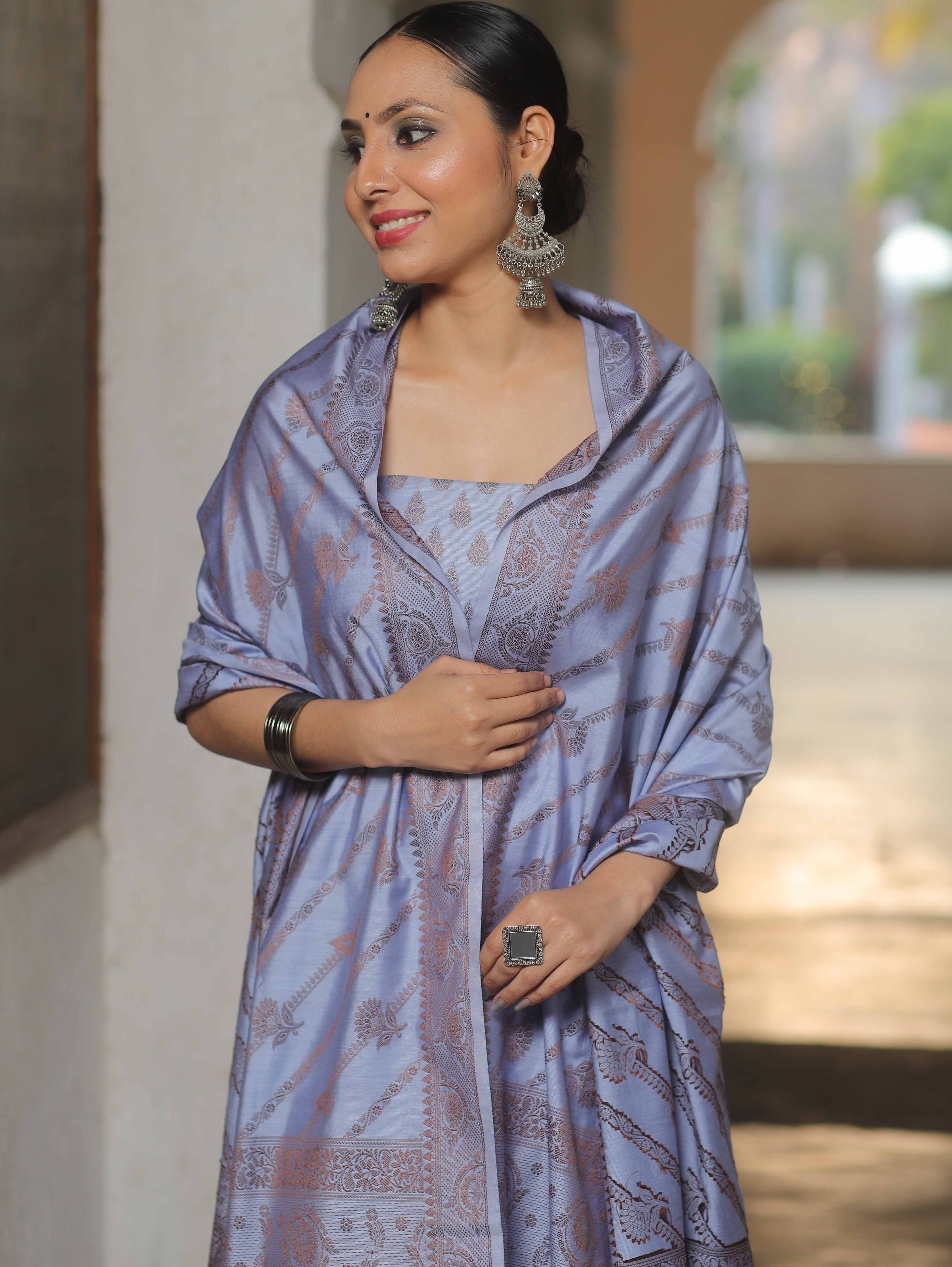 Banarasee Semi Katan Silk Salwar Kameez Fabric With Dupatta Resham Zari Work-Lilac