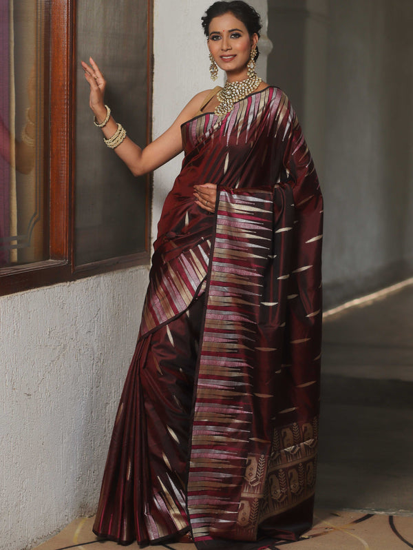 Banarasee Handwoven Semi Silk Saree With Zari Buti Design-Maroon
