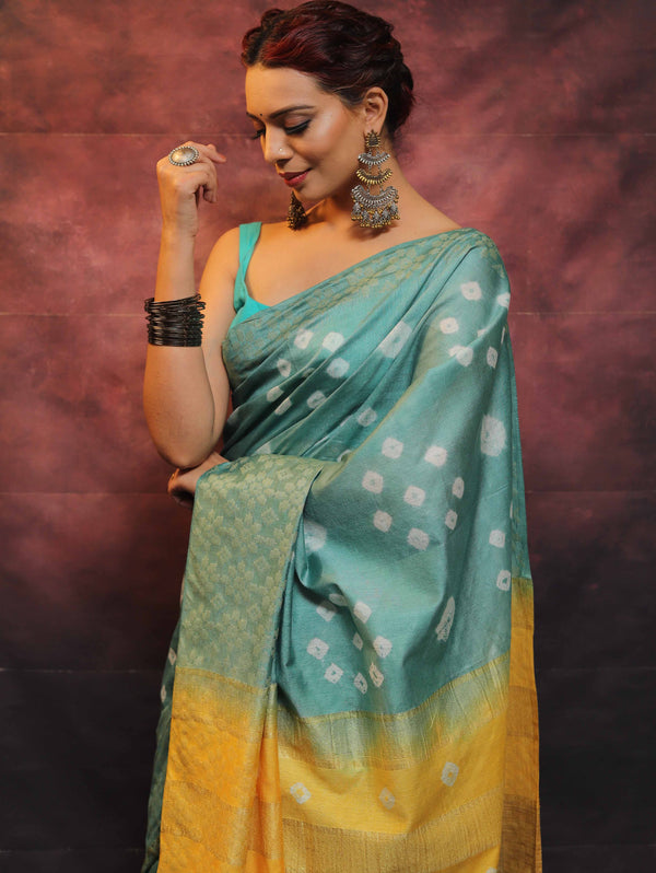 Bhagalpur Handloom Pure Linen Cotton Hand-Dyed Shibori Pattern Saree-Sea Green & Yellow