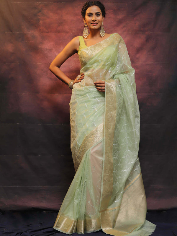 Banarasee Organza Floral Embroidery Sequin Work Saree-Pastel Green
