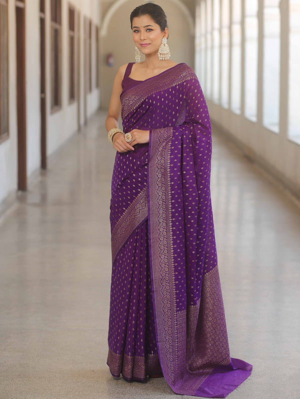 Banarasee Semi-Chiffon Saree With Antique Gold Zari Work-Violet