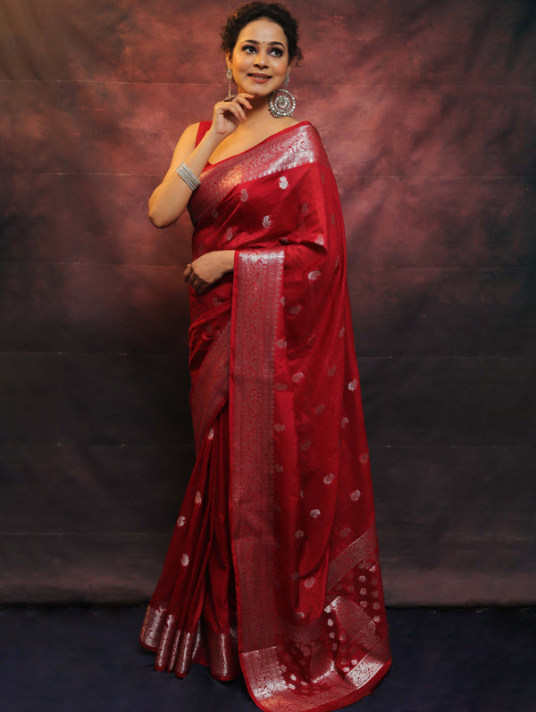 Banarasee Handwoven Semi-Chiffon Saree With Silver Zari Work-Red