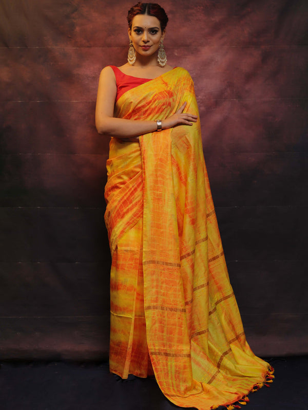 Bhagalpur Handloom Pure Linen Cotton Hand-Dyed Shibori Pattern Saree-Yellow