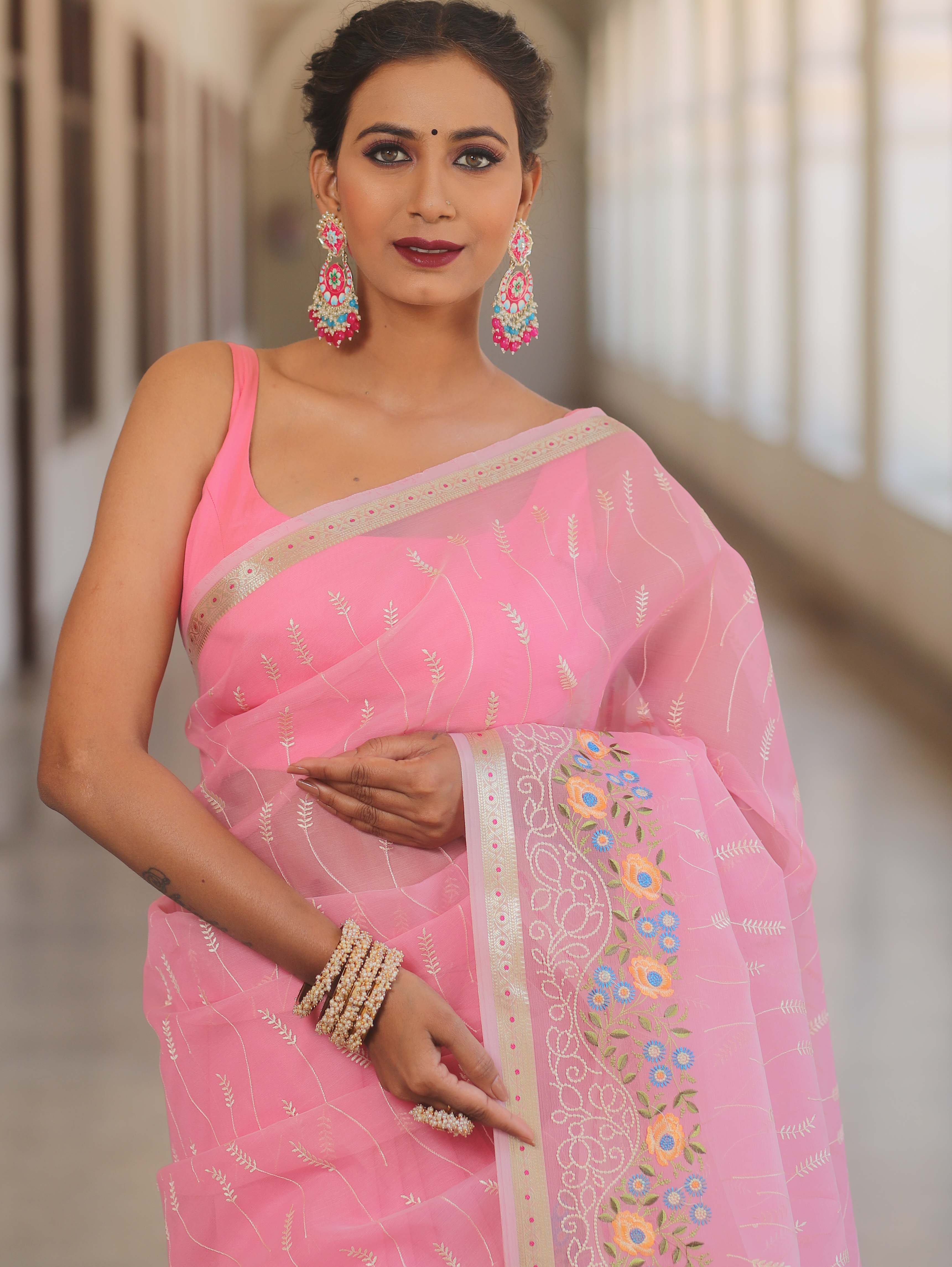 Banarasee Organza Saree With Floral Embroidery-Pink