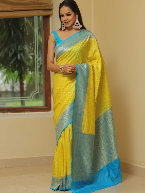 Banarasee Semi-Katan Zari Buta & Contrast Border Saree-Yellow & Blue
