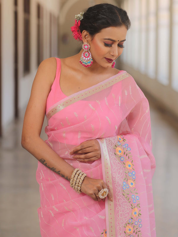 Banarasee Organza Saree With Floral Embroidery-Pink