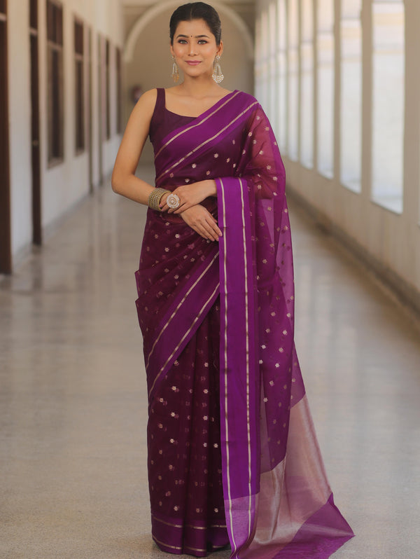 Banarasee Organza Saree With Zari Buti & Satin Border-Violet