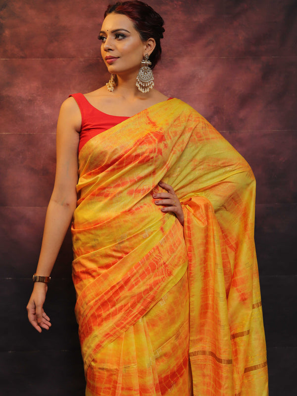 Bhagalpur Handloom Pure Linen Cotton Hand-Dyed Shibori Pattern Saree-Yellow
