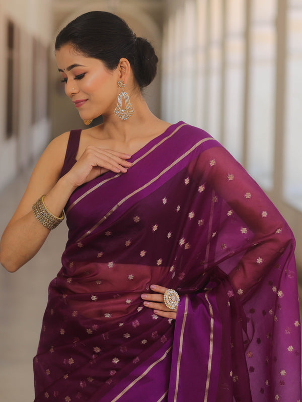 Banarasee Organza Saree With Zari Buti & Satin Border-Violet