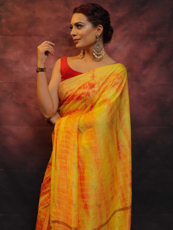 Bhagalpur Handloom Pure Linen Cotton Hand-Dyed Shibori Pattern Saree-Yellow