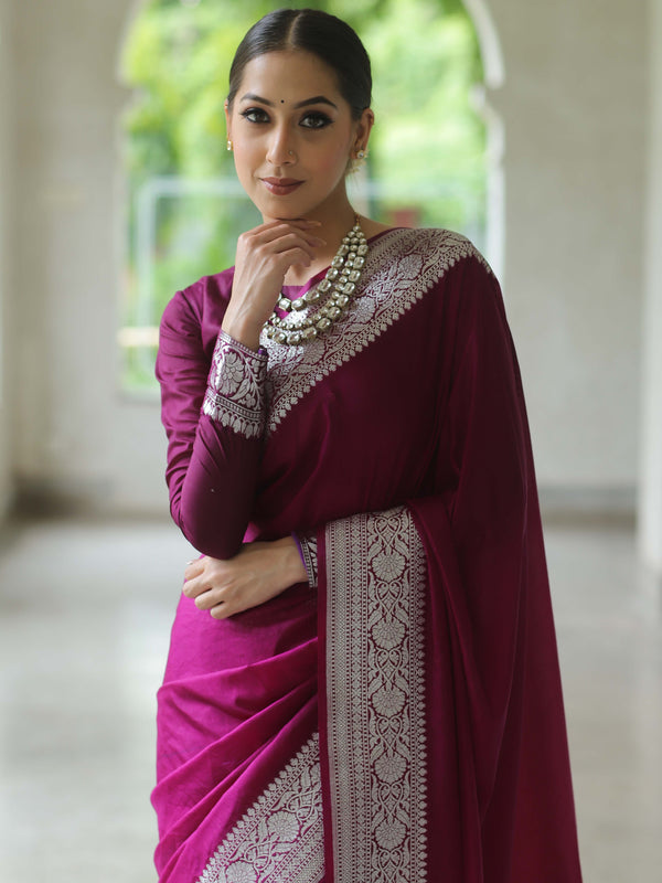 Banarasee Handwoven Faux Georgette Saree With Silver Zari Design-Violet