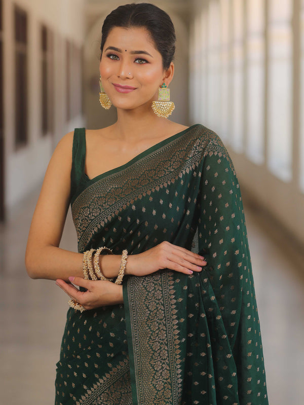 Banarasee Semi-Chiffon Saree With Antique Gold Zari Work-Green