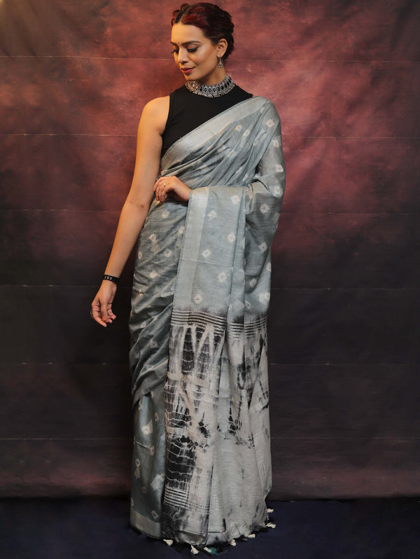 Bhagalpur Handloom Pure Linen Cotton Hand-Dyed Shibori Pattern Saree-Grey