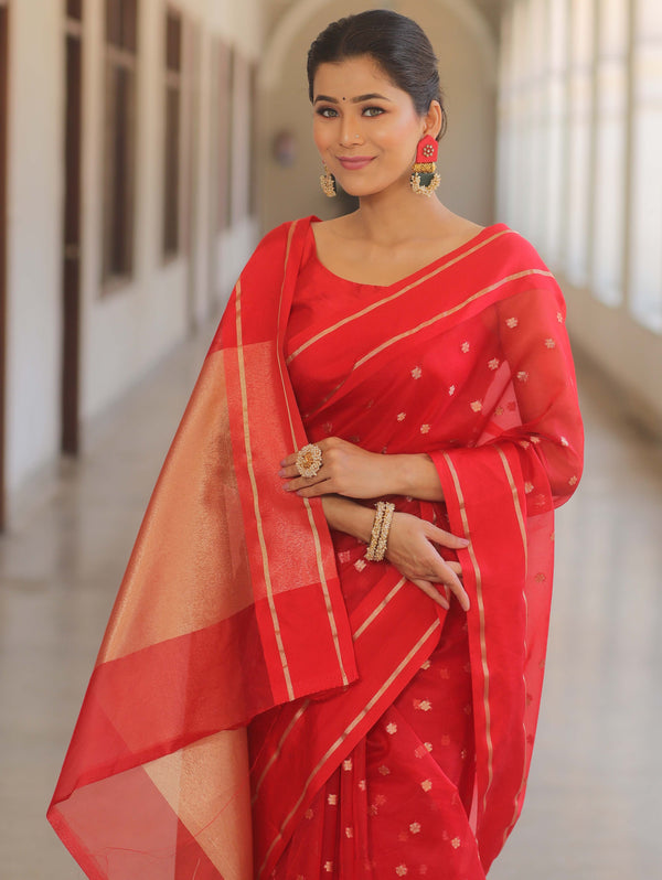 Banarasee Organza Saree With Zari Buti & Satin Border-Red