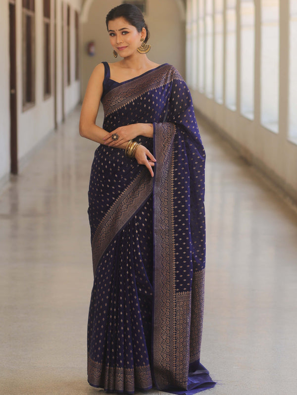 Banarasee Semi-Chiffon Saree With Antique Gold Zari Work-Blue