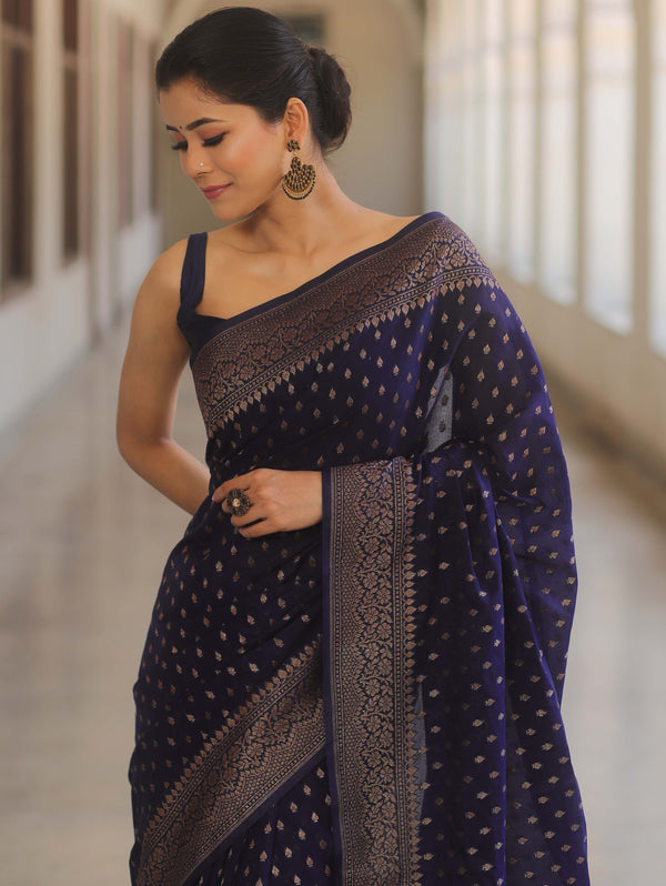 Banarasee Semi-Chiffon Saree With Antique Gold Zari Work-Blue