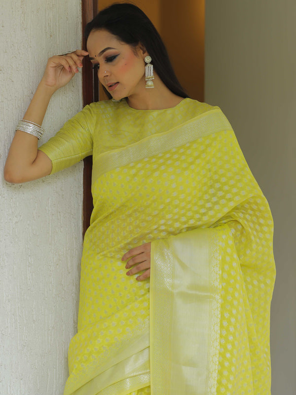 Banarasee Cotton Silk Floral Silver Zari Work Saree-Yellow