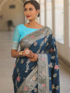 Banarasee Handwoven Semi Silk Saree With Zari Jaal Design-Blue