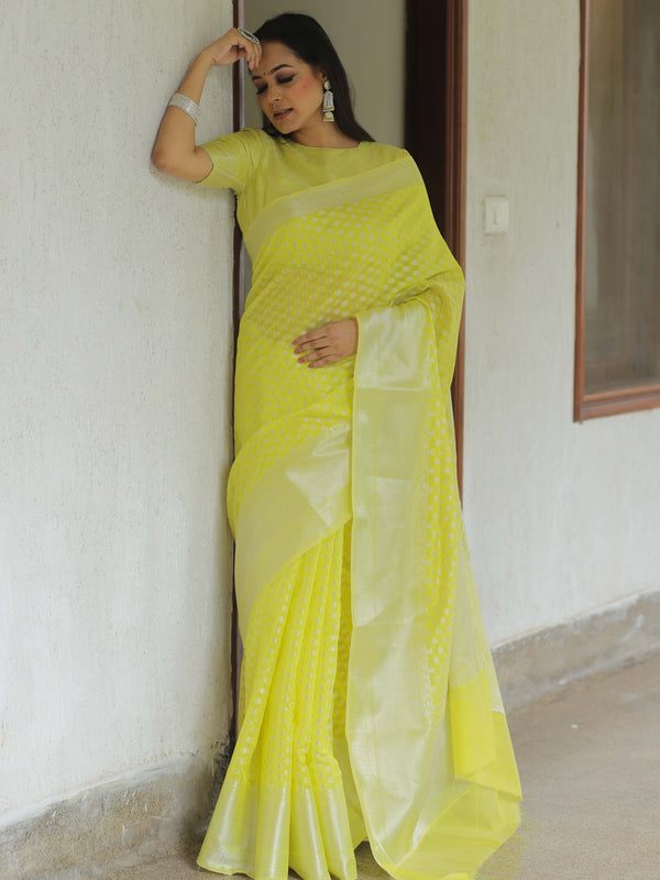 Banarasee Cotton Silk Floral Silver Zari Work Saree-Yellow