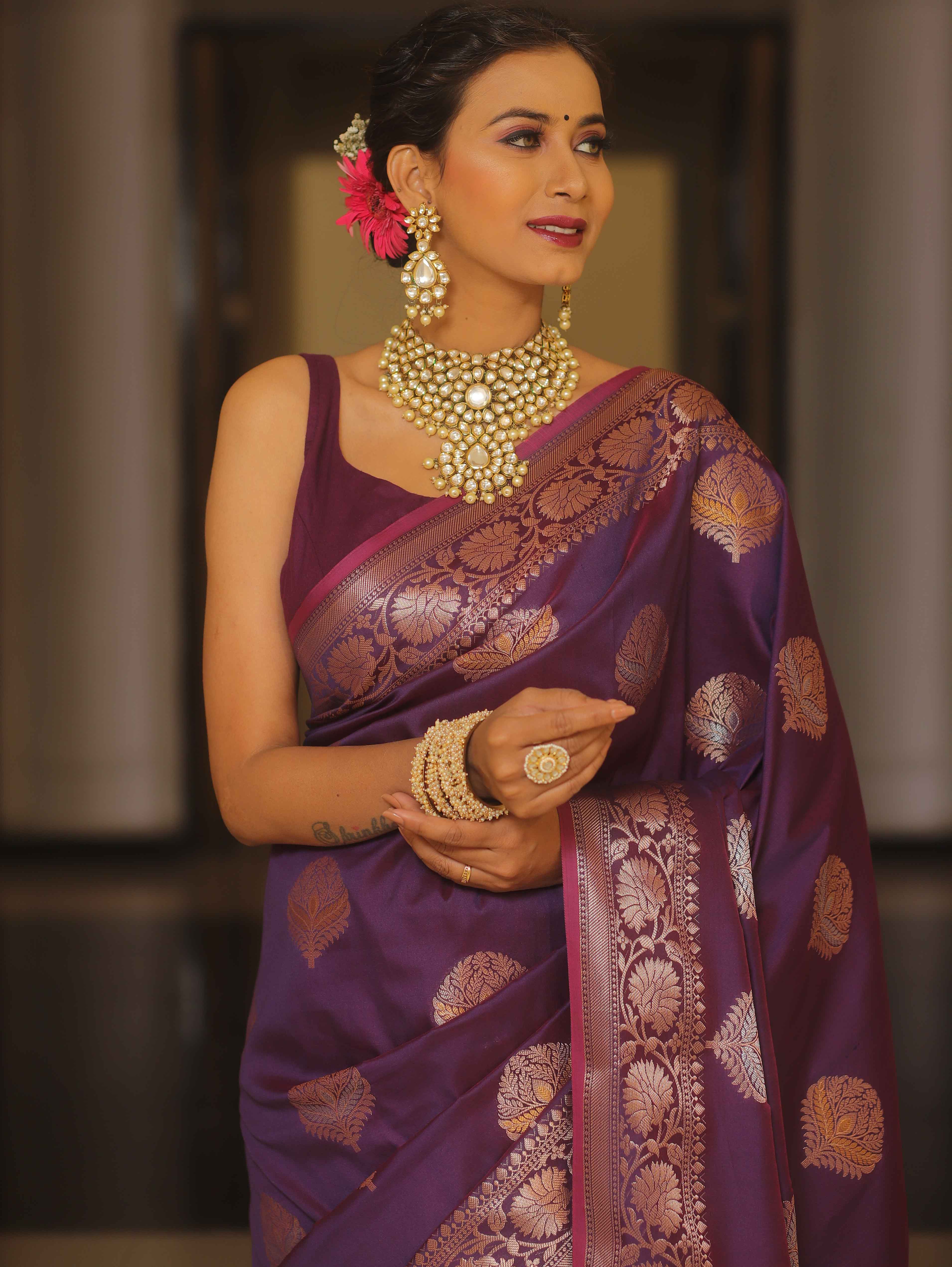 Banarasee Handwoven Semi Silk Saree With Sona Rupa Zari Buti-Violet