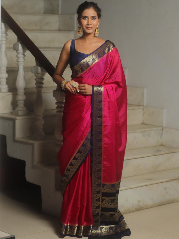 Banarasee Handwoven Semi Silk Plain Saree With Zari Border-Pink & Blue