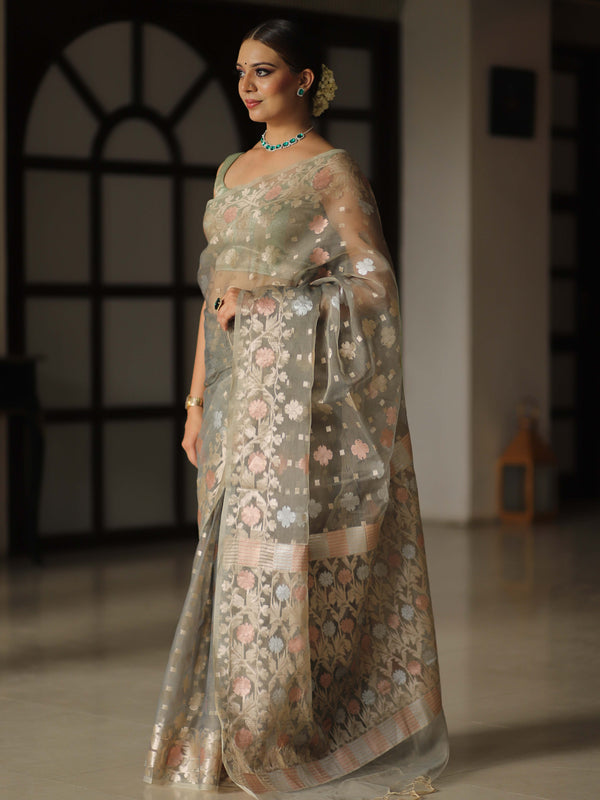 Banarasee Kora Muslin Saree With Zari Jamdani Weaving-Grey