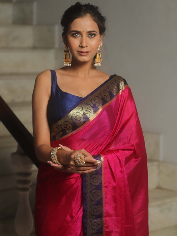 Banarasee Handwoven Semi Silk Plain Saree With Zari Border-Pink & Blue