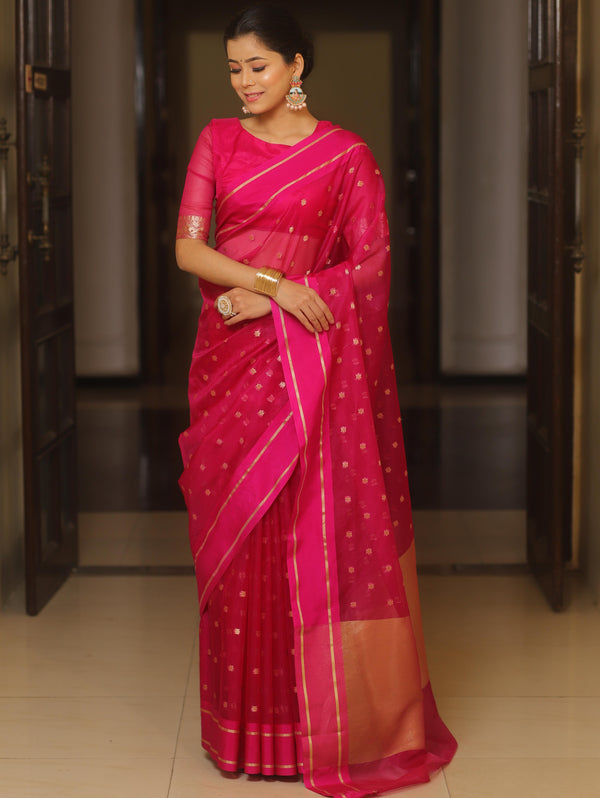 Banarasee Organza Saree With Zari Buti & Satin Border-Pink