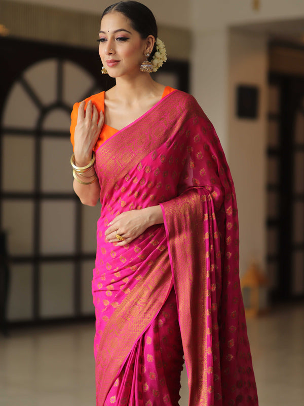 Banarasee Pure Chiffon Silk Saree With Antique Zari Work-Pink